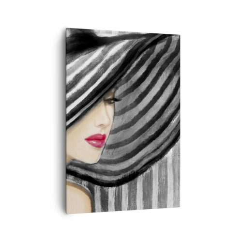 Quadro su tela - Stampe su Tela - Donna che indossa un cappello bianco e nero con un accento rosso - 70x100cm - Dove trovarti? - Decorazione murale moderna per soggiorno e camera da letto ARTTOR