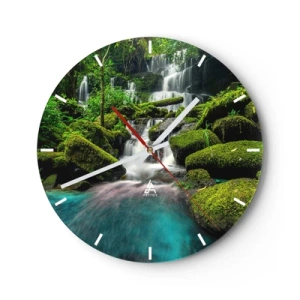 Orologio da parete - Orologio in Vetro - Una cascata verde con un lago turchese circondato dal muschio - 30x30cm - Turchese, zaffiro e argento liquido - Decorazione murale moderna per soggiorno, cucina e camera da letto ARTTOR