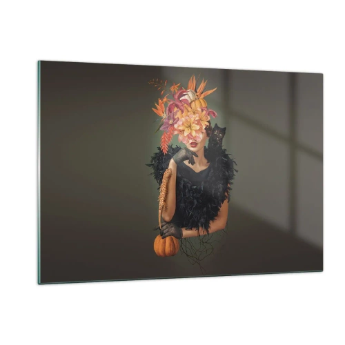 Quadro su vetro - Figura di una donna vestita di nero con una zucca, un gatto e una composizione floreale - 120x80cm - L'incantesimo della strega - Decorazione murale moderna per soggiorno e camera da letto ARTTOR