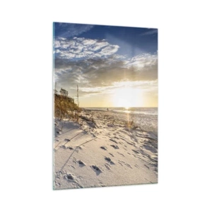 Quadro su vetro - Spiaggia sabbiosa al tramonto con erba vicino alla duna - 50x70cm - Invito a passeggiare - Decorazione murale moderna per soggiorno e camera da letto ARTTOR