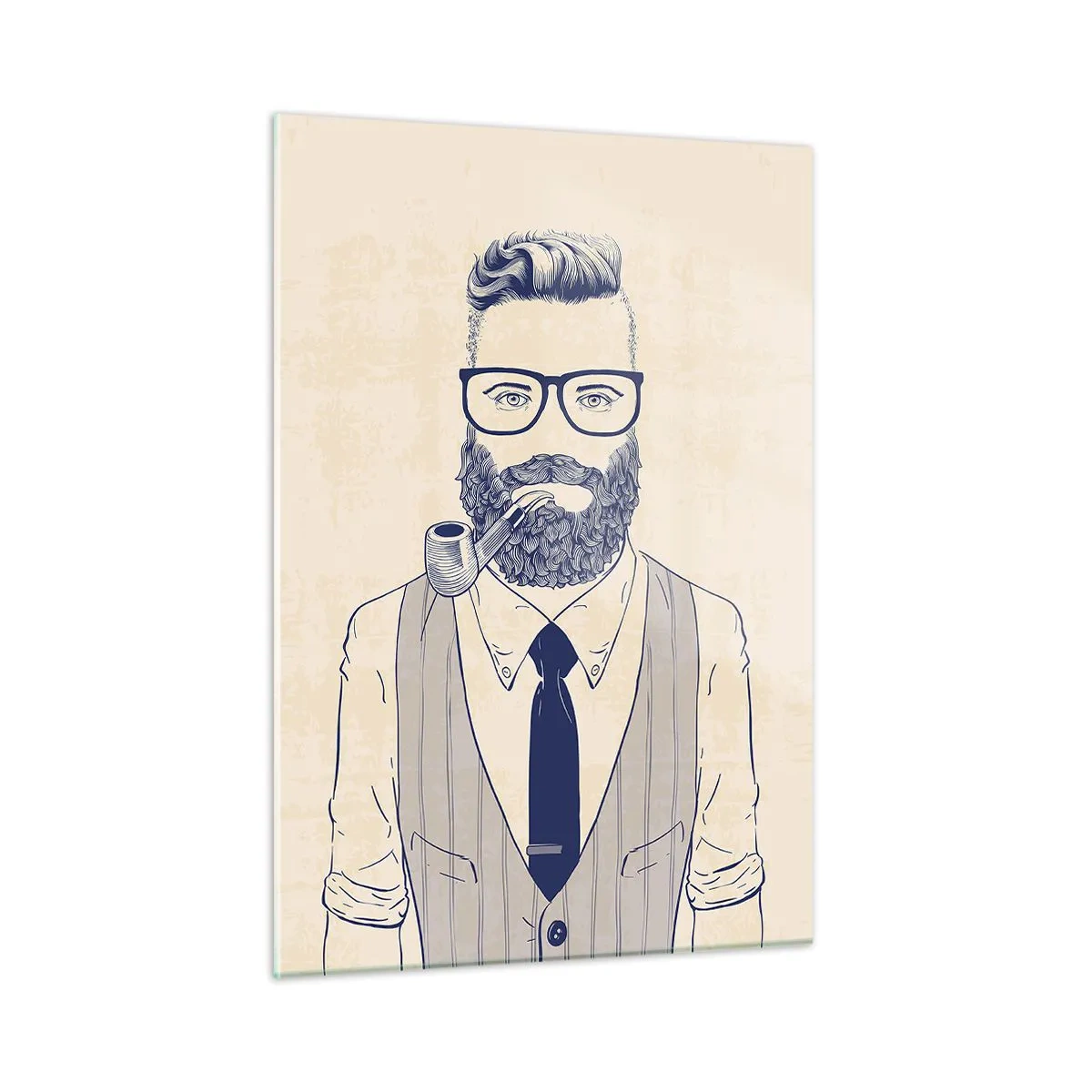 Quadro su vetro - Un uomo stilizzato con barba, occhiali e pipa su uno sfondo chiaro. - 50x70cm - Allegro, maschile e alla moda - Decorazione murale moderna per soggiorno e camera da letto ARTTOR