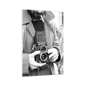 Quadro su vetro - Foto in bianco e nero di un uomo con una macchina fotografica retrò - 70x100cm - In stile retro - Decorazione murale moderna per soggiorno e camera da letto ARTTOR