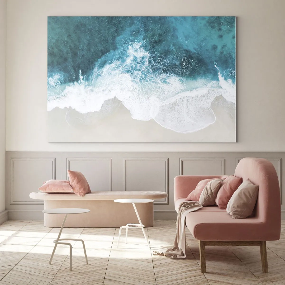 Quadro su vetro - Ripresa aerea delle onde del mare che si infrangono sulla riva - 70x50cm - Morbidezza naturale - Decorazione murale moderna per soggiorno e camera da letto ARTTOR