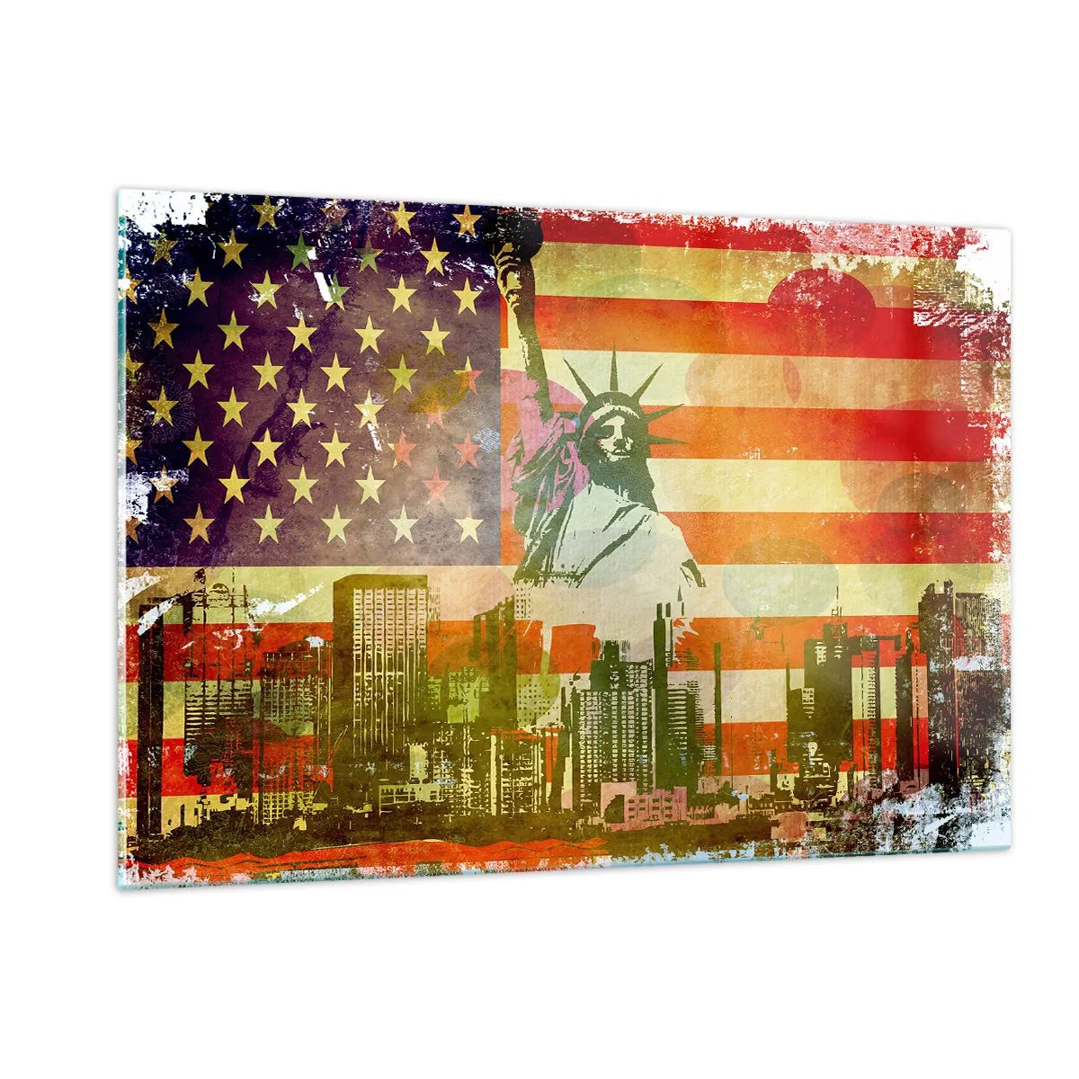 Quadro su vetro - Bandiera degli Stati Uniti con la sagoma della Statua della Libertà e il paesaggio urbano - 120x80cm - Viva l'America! - Decorazione murale moderna per soggiorno e camera da letto ARTTOR
