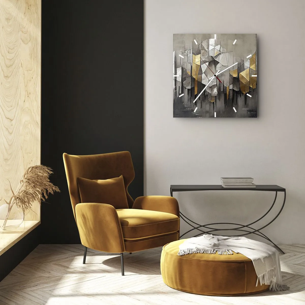 Orologio da parete - Orologio in Vetro - Astrazione geometrica nei toni dell'oro e del grigio - 30x30cm - Composizione di ghiaccio e luce - Decorazione murale moderna per soggiorno e camera da letto ARTTOR