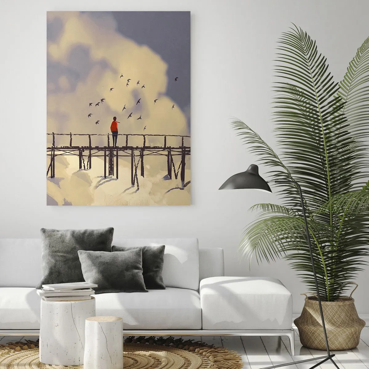 Quadro su vetro - Una figura su un ponte tra le nuvole con uccelli nel cielo - 80x120cm - Nostalgia del cielo - Decorazione murale moderna per soggiorno e camera da letto ARTTOR