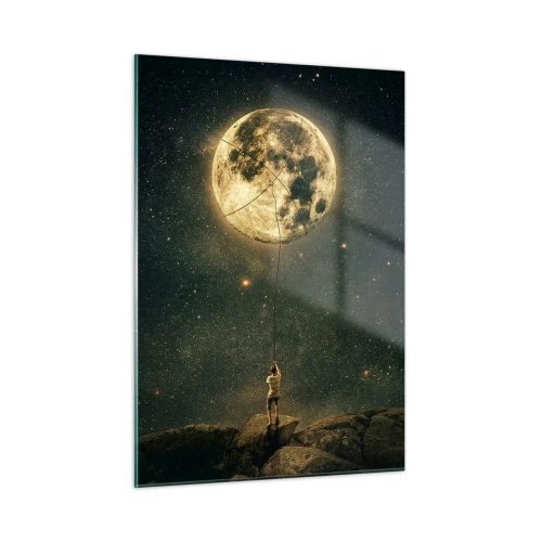 Quadro su vetro - Una figura su una roccia che tiene in mano la luna, intrappolata con una corda. - 50x70cm - Chi ha rubato la luna - Decorazione murale moderna per soggiorno e camera da letto ARTTOR