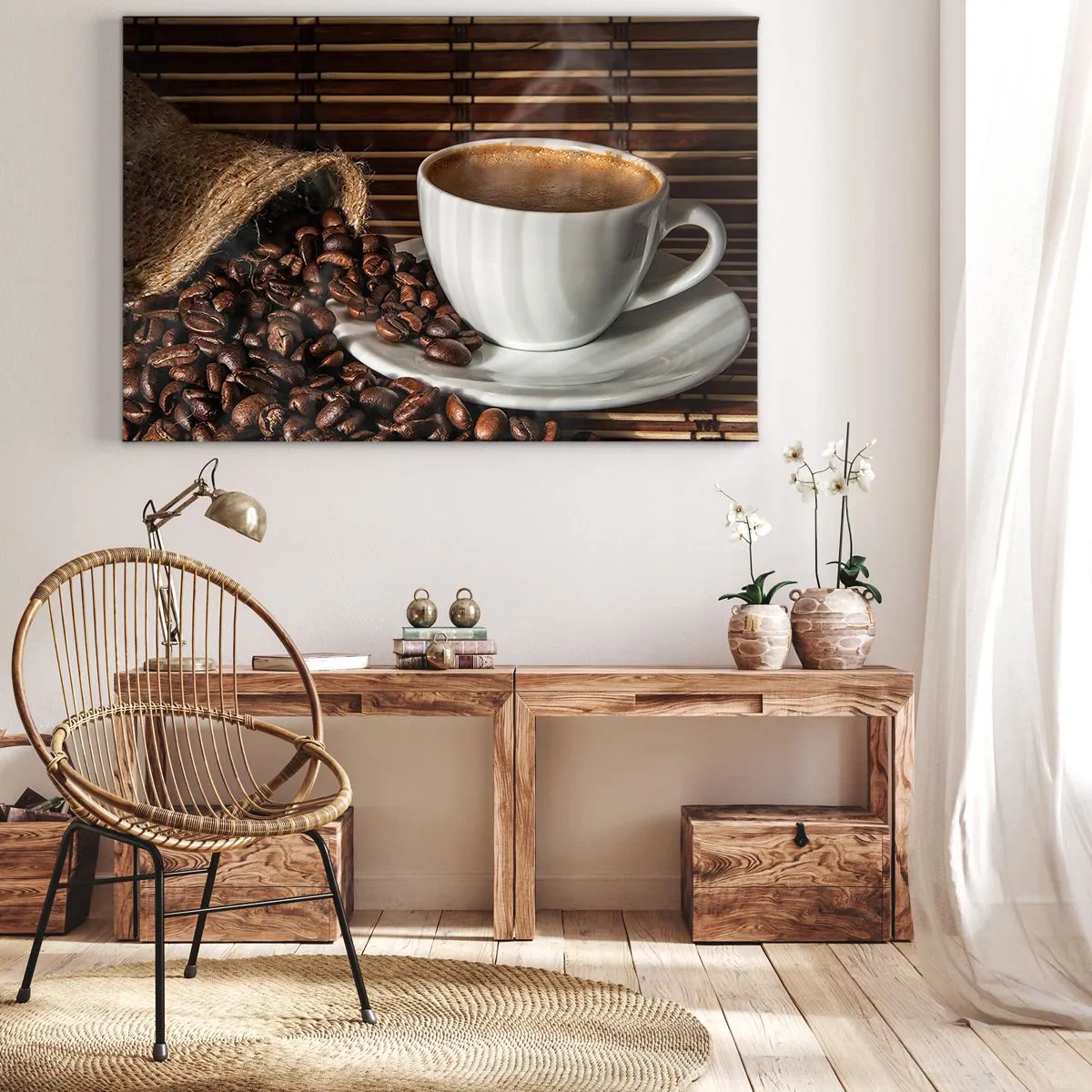 Quadro su tela - Stampe su Tela - Una tazza di caffè con chicchi su uno sfondo di bambù - 70x50cm - Nero del carbone, trasparenza dell'ambra - Decorazione murale moderna per soggiorno e camera da letto ARTTOR
