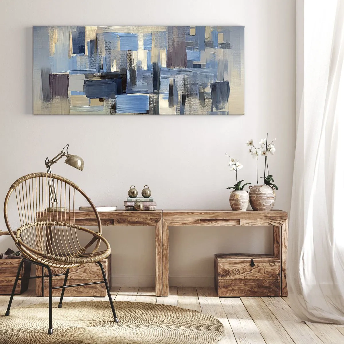 Quadro su tela - Stampe su Tela - Forme geometriche nei toni del blu e del beige - 160x50cm - Struttura blu - Decorazione murale moderna per soggiorno e camera da letto ARTTOR