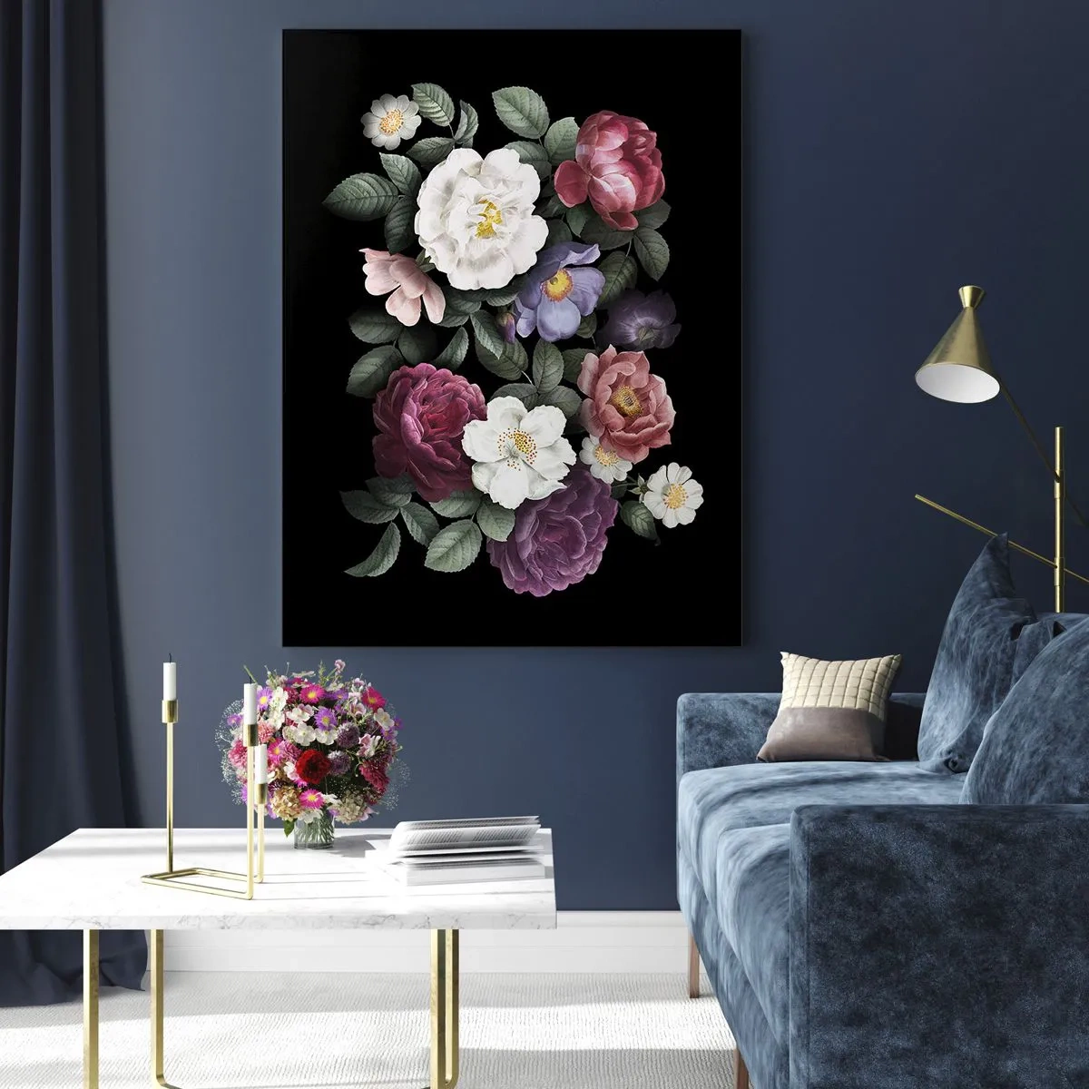 Quadro su vetro - Composizione floreale con peonie su sfondo nero - 50x70cm - Dal giardino inglese - Decorazione murale moderna per soggiorno e camera da letto ARTTOR