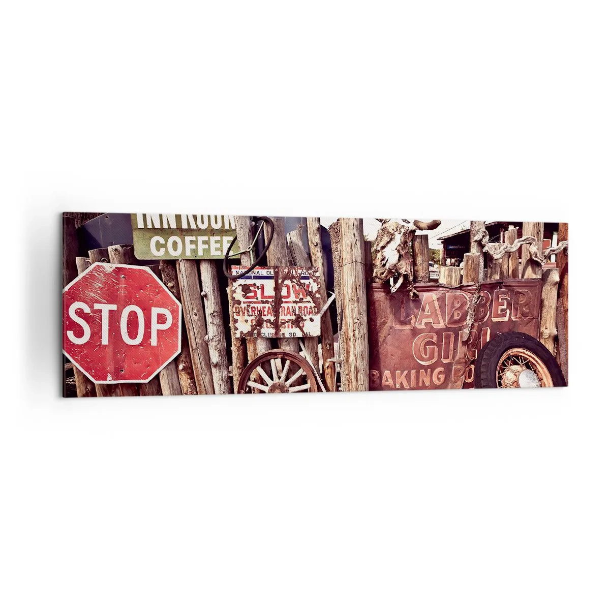 Quadro su tela - Stampe su Tela - Decorazioni rustiche con cartelli e una ruota sulla recinzione - 160x50cm - E il tempo si è fermato - Decorazione murale moderna per soggiorno e camera da letto ARTTOR