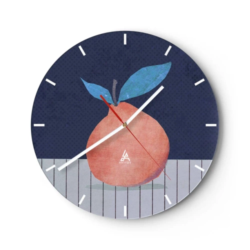 Orologio da parete - Orologio in Vetro - Pesca con foglie su sfondo blu navy - 30x30cm - Convessità e piano - Decorazione murale moderna per soggiorno, cucina e camera da letto ARTTOR