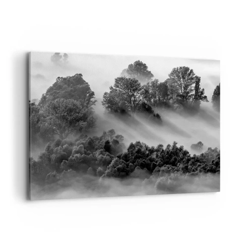 Quadro su tela - Stampe su Tela - Paesaggio forestale in bianco e nero nella nebbia mattutina - 100x70cm - Risveglio dal sonno - Decorazione murale moderna per soggiorno e camera da letto ARTTOR