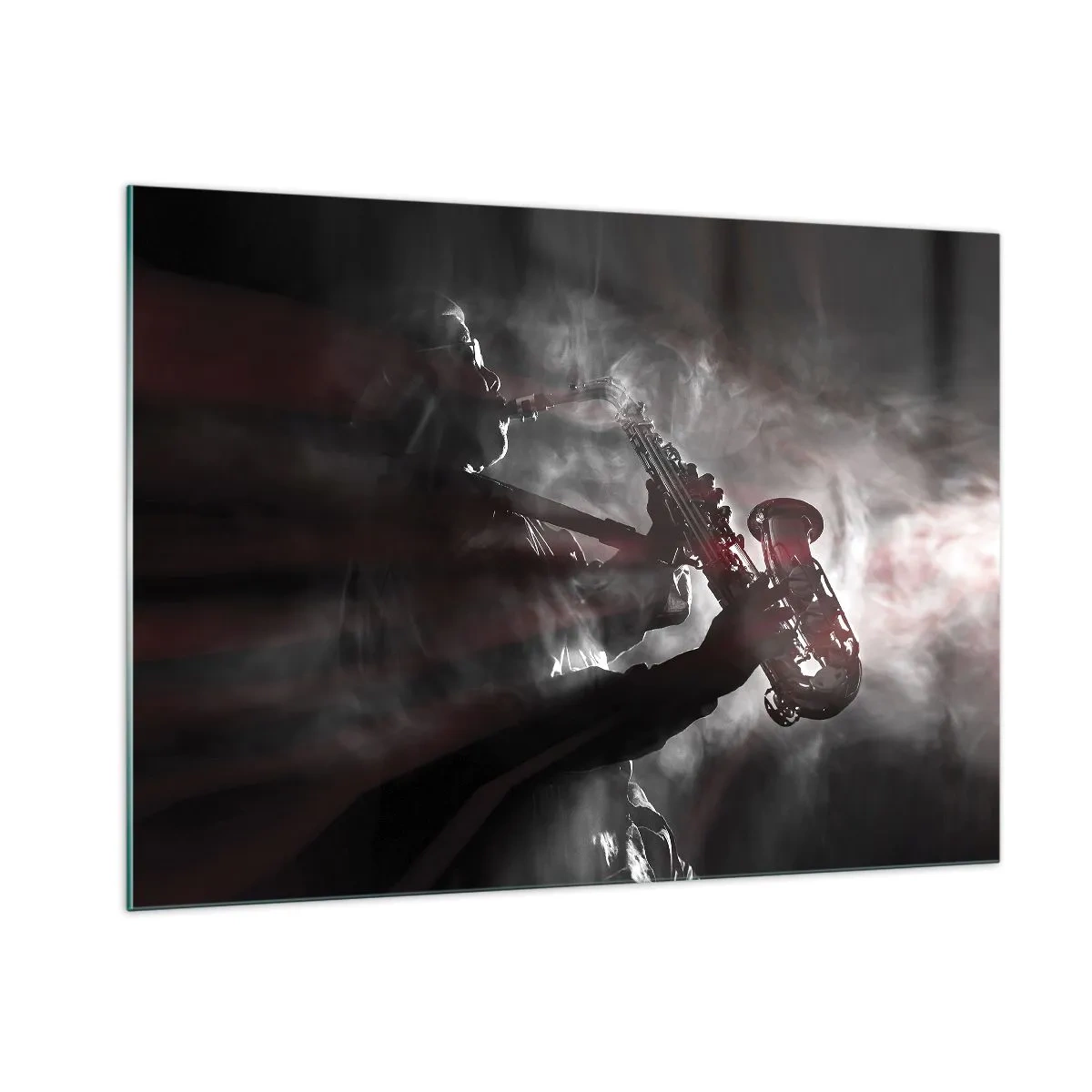 Quadro su vetro - Sassofonista in una nebbia di fumo in bianco e nero - 100x70cm - Nei fumi del jazz - Decorazione murale moderna per soggiorno e camera da letto ARTTOR