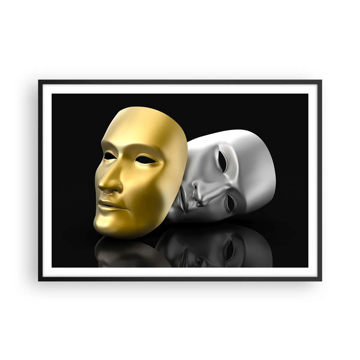 Poster in cornice nera - Maschera in oro e argento su sfondo nero - 100x70cm - La vita è teatro - Decorazione murale moderna per soggiorno e camera da letto ARTTOR
