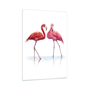 Quadro su vetro - Due fenicotteri rosa in piedi nell'acqua - 50x70cm - Appuntamento in rosa - Decorazione murale moderna per soggiorno e camera da letto ARTTOR
