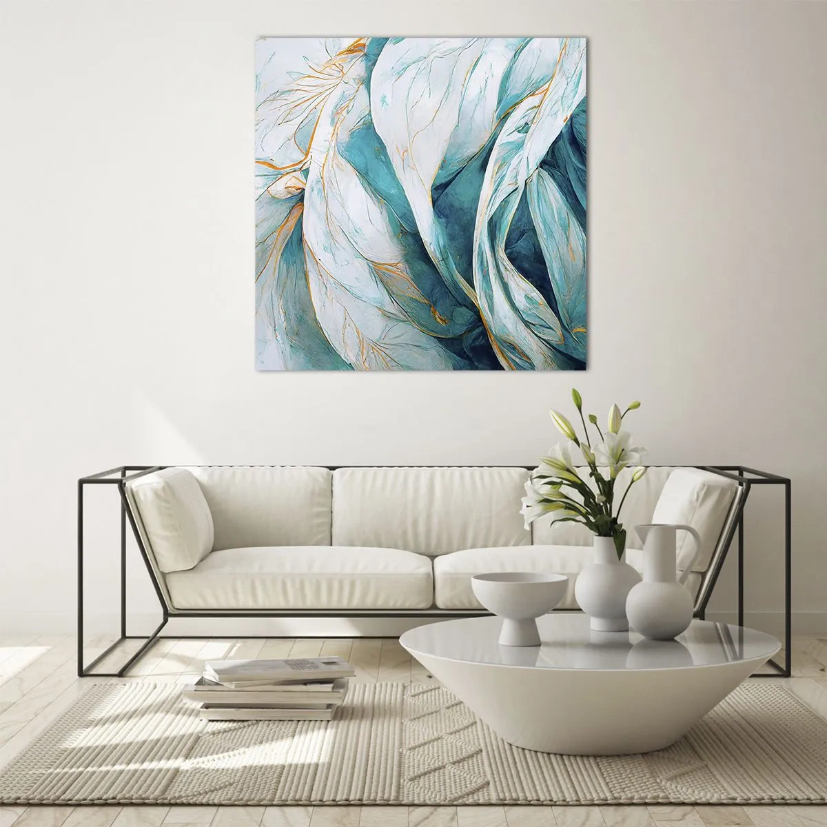 Quadro su vetro - Astrazione blu con motivi d'oro - 70x70 cm