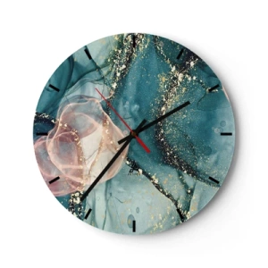 Orologio da parete - Orologio in Vetro - Spruzzi artistici di colore nelle tonalità del turchese e del rosa con accenti dorati - 30x30cm - Blu di seta, rosa di tulle - Decorazione murale moderna per soggiorno, cucina e camera da letto ARTTOR