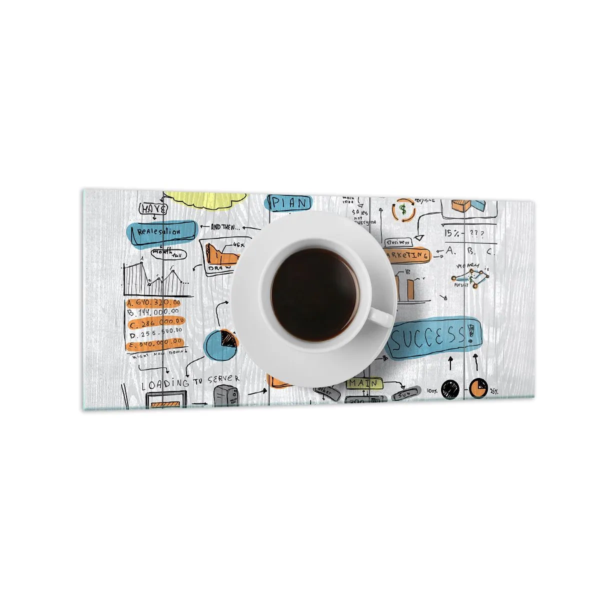 Quadro su vetro - Una tazza di caffè sullo sfondo di un disegno concettuale - 120x50cm - Un momento di pausa - Decorazione murale moderna per soggiorno e camera da letto ARTTOR