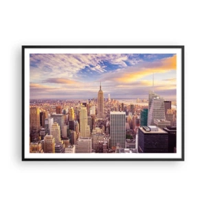 Poster in cornice nera - Panorama di una città moderna con grattacieli al tramonto - 100x70cm - Toccando le nuvole - Decorazione murale moderna per soggiorno e camera da letto ARTTOR