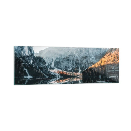 Quadro su vetro - Un paesaggio montano riflesso nella calma superficie di un lago - 160x50cm - Paesaggio allo specchio - Decorazione murale moderna per soggiorno e camera da letto ARTTOR