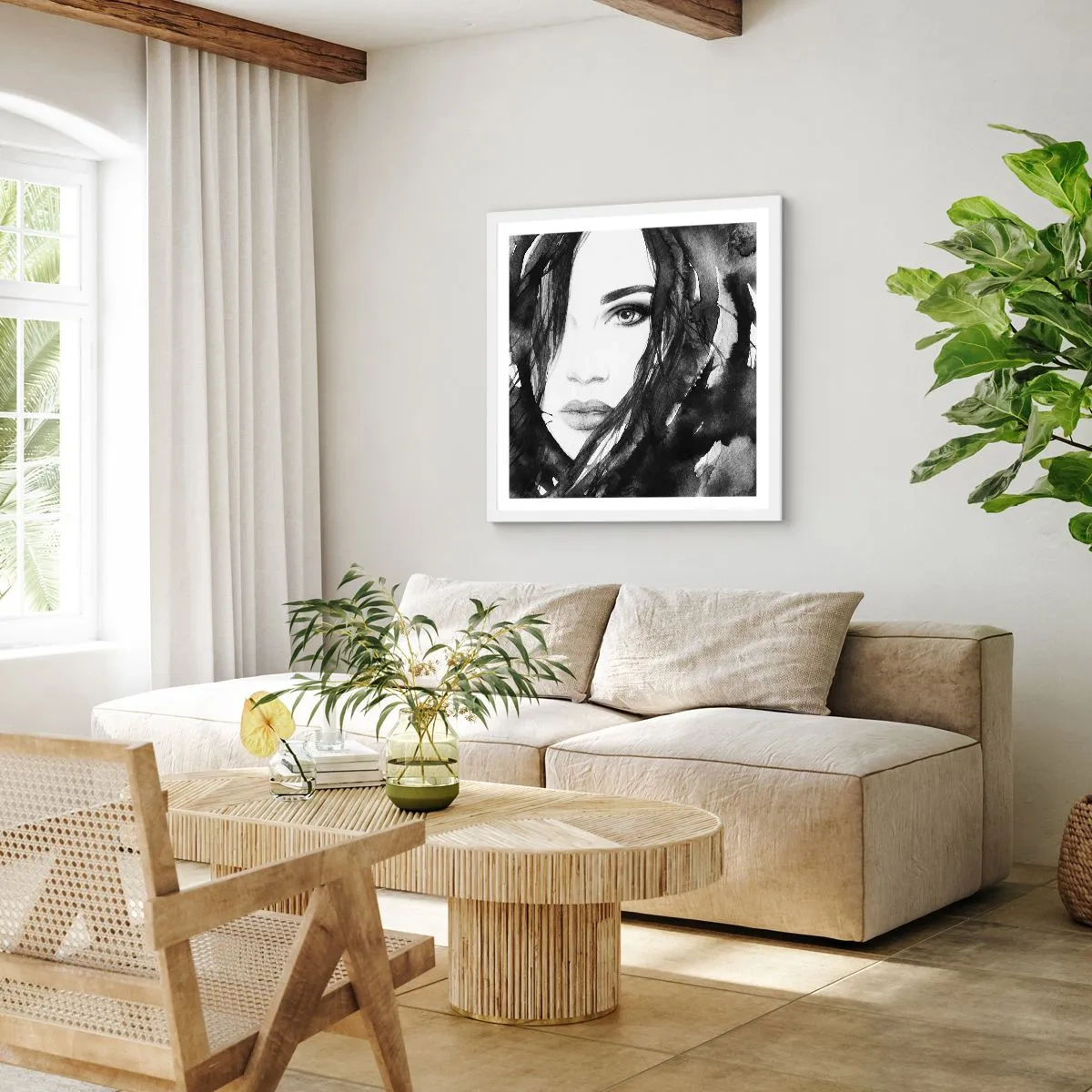 Poster in cornice bianca - Ritratto di donna in bianco e nero - 30x30 cm