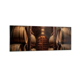 Quadro su vetro - Cantina con botti di legno e scaffali per il vino - 140x50cm - L'atmosfera della cantina - Decorazione murale moderna per soggiorno e camera da letto ARTTOR