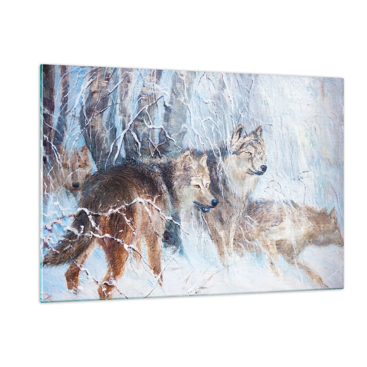 Quadro su vetro - Tre lupi in una foresta invernale circondata dalla neve - 120x80cm - Attenzione! In arrivo... - Decorazione murale moderna per soggiorno e camera da letto ARTTOR