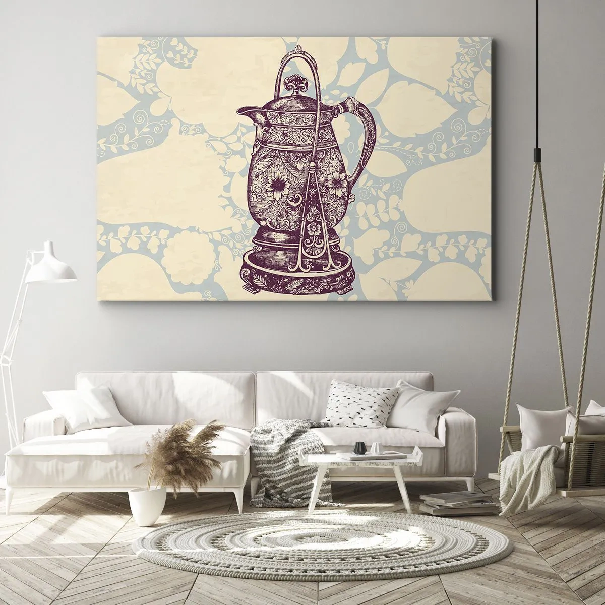 Quadro su tela - Stampe su Tela - Brocca stilizzata con ornamenti su sfondo floreale - 100x70cm - La bellezza del quotidiano - Decorazione murale moderna per soggiorno e camera da letto ARTTOR