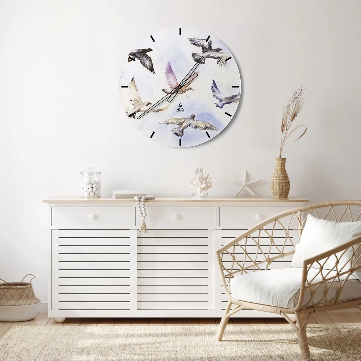 Orologio da parete - Orologio in Vetro - Uno stormo di uccelli in volo su uno sfondo di delicate sfumature di blu - 30x30cm - Libertà in grigio e blu - Decorazione murale moderna per soggiorno, cucina e camera da letto ARTTOR