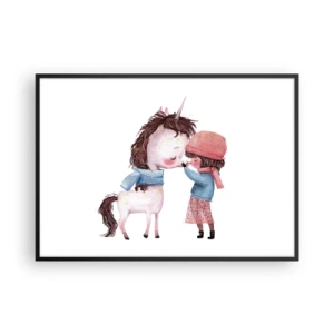 Poster in cornice nera - Una ragazza e un unicorno in uno scenario invernale - 100x70cm - Racconto d'inverno - Decorazione murale moderna per soggiorno e camera da letto ARTTOR