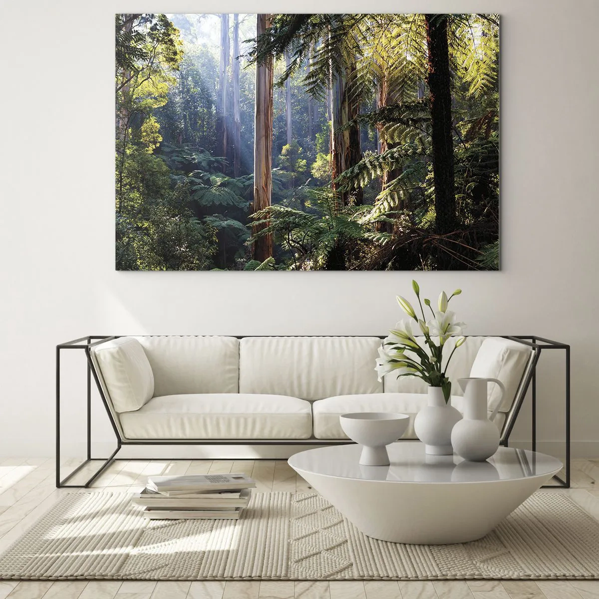 Quadro su vetro - Foresta tropicale verde con raggi di sole - 70x50cm - La favola del bosco - Decorazione murale moderna per soggiorno e camera da letto ARTTOR