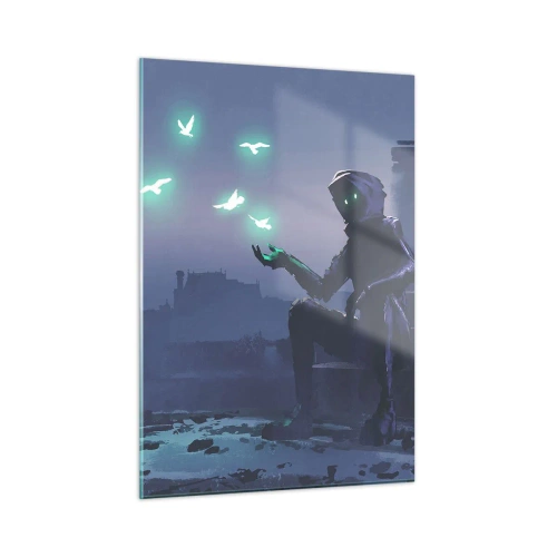 Quadro su vetro - Una figura nell'oscurità circondata da uccelli verdi fluttuanti - 50x70cm - La vita ritorna - Decorazione murale moderna per soggiorno e camera da letto ARTTOR