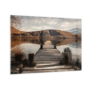 Quadro su vetro - Un molo di legno sopra un lago con vista sulle montagne sullo sfondo - 100x70cm - Paesaggio nel silenzio - Decorazione murale moderna per soggiorno e camera da letto ARTTOR