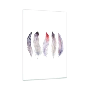 Quadro su vetro - Cinque delicate piume in tonalità pastello su uno sfondo chiaro - 80x120cm - Delicate come una nebbia multicolore - Decorazione murale moderna per soggiorno e camera da letto ARTTOR