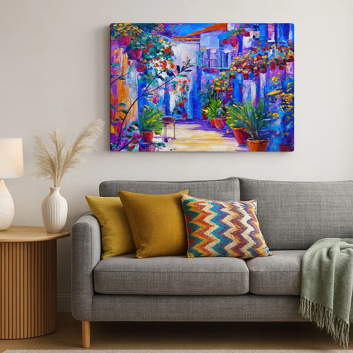 Quadro su tela - Stampe su Tela - Una strada colorata piena di fiori - 70x50cm - Impressionismo: stradina italiana - Decorazione murale moderna per soggiorno e camera da letto ARTTOR