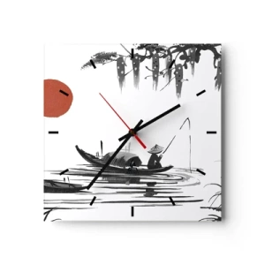 Orologio da parete - Orologio in Vetro - Paesaggio orientale con un pescatore su una barca e un sole rosso - 30x30cm - Pomeriggio asiatico - Decorazione murale moderna per soggiorno e camera da letto ARTTOR