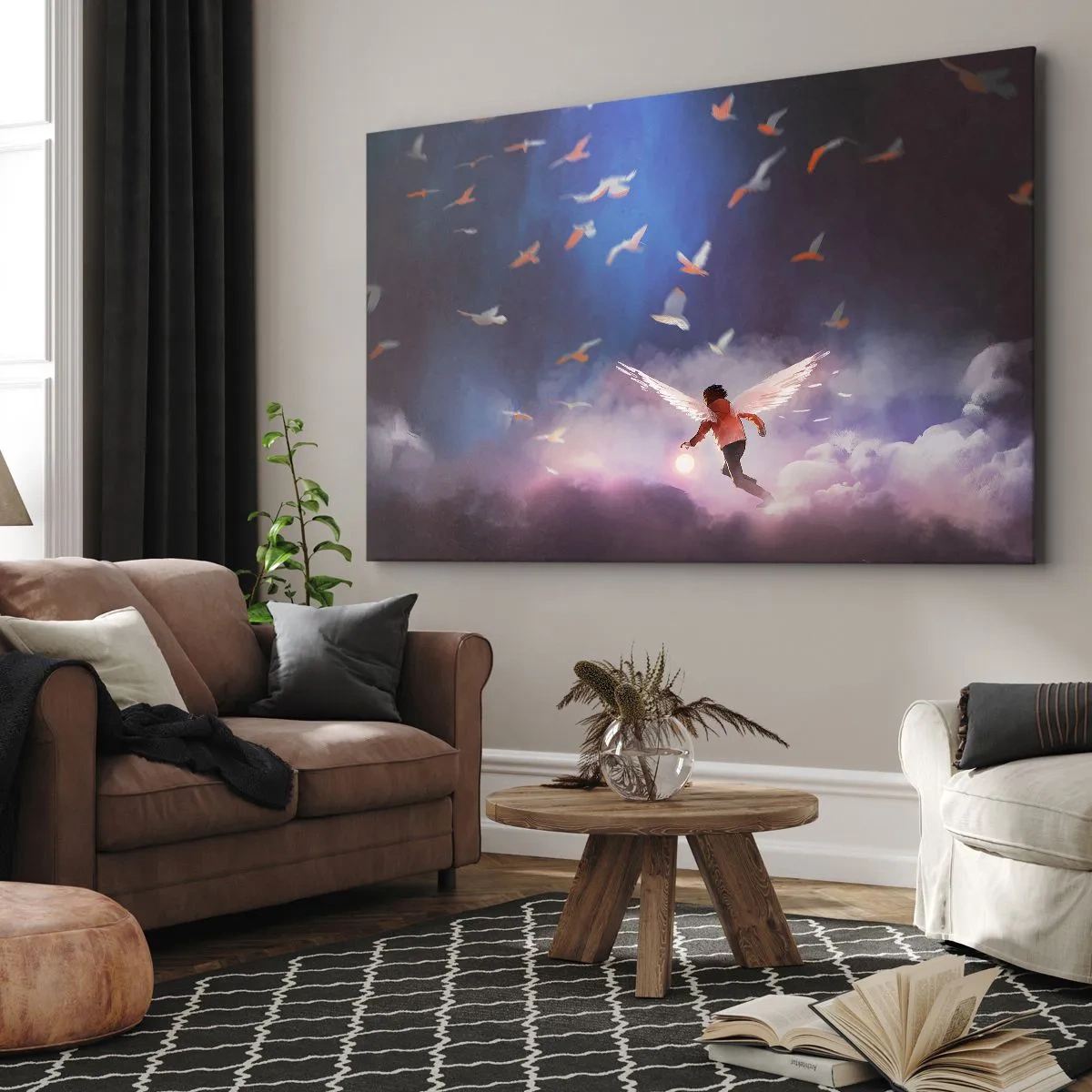 Quadro su tela - Stampe su Tela - Una figura con ali d'angelo che fluttua tra gli uccelli nel cielo - 70x50cm - Bisogna avere fantasia e coraggio - Decorazione murale moderna per soggiorno e camera da letto ARTTOR
