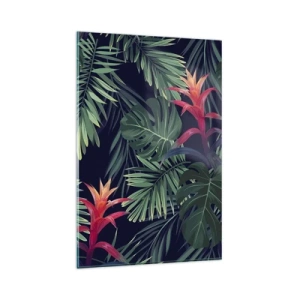 Quadro su vetro - Foglie e fiori tropicali su sfondo scuro - 80x120cm - Fiammante nel verde - Decorazione murale moderna per soggiorno e camera da letto ARTTOR