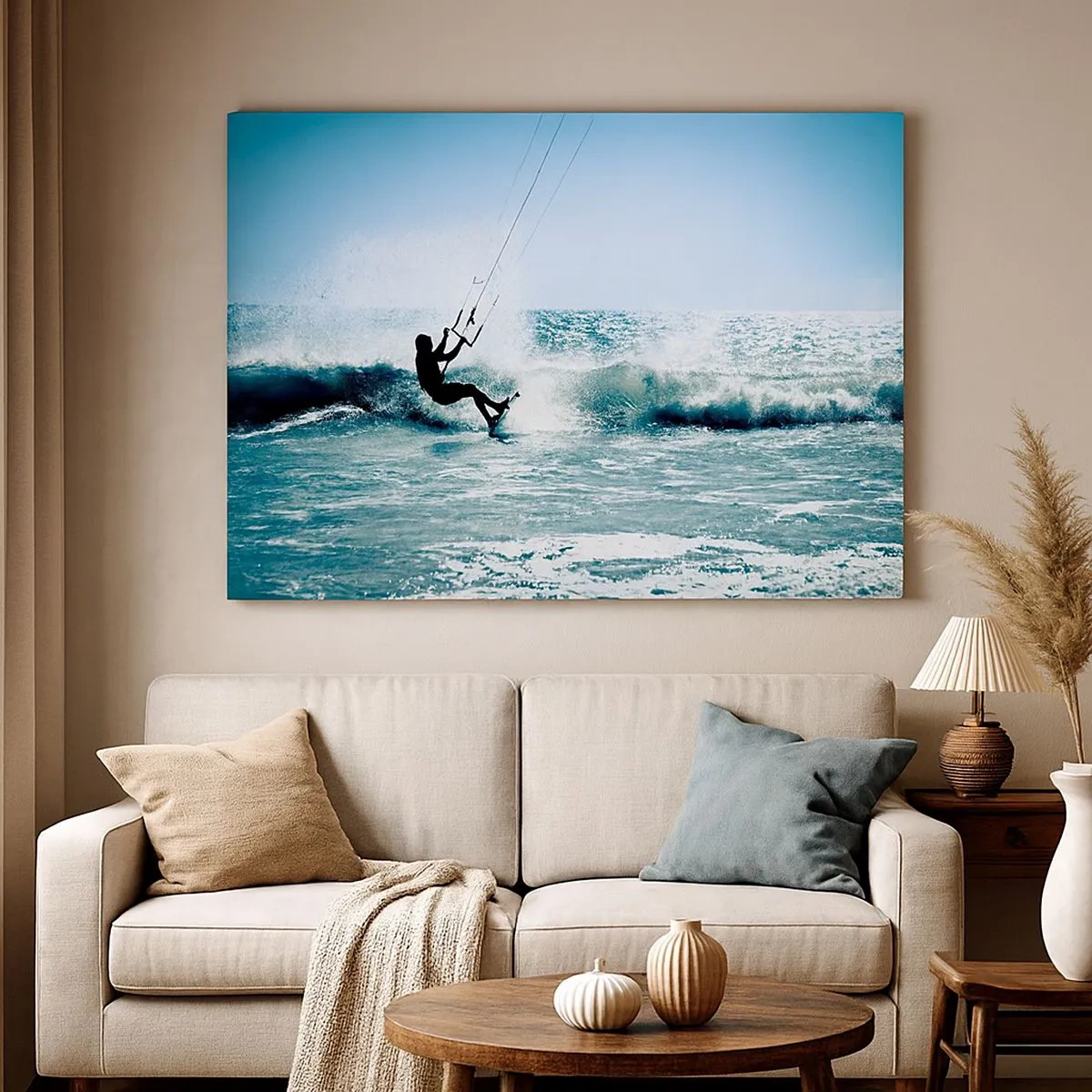 Quadro su tela - Stampe su Tela - Kitesurfer cavalca un'onda in pieno sole - 70x50cm - Fatti sollevare - Decorazione murale moderna per soggiorno e camera da letto ARTTOR