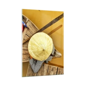 Quadro su vetro - Una barca tradizionale vista da una prospettiva a volo d'uccello - 80x120cm - Vita sul Fiume Giallo - Decorazione murale moderna per soggiorno e camera da letto ARTTOR