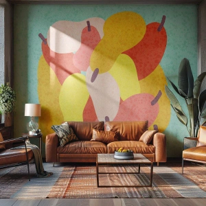 Fotomurali Premium Canvas - Pere astratte colorate su sfondo verde - 100x70cm - Assaggia il sole estivo - Decorazione murale moderna per soggiorno e camera da letto ARTTOR