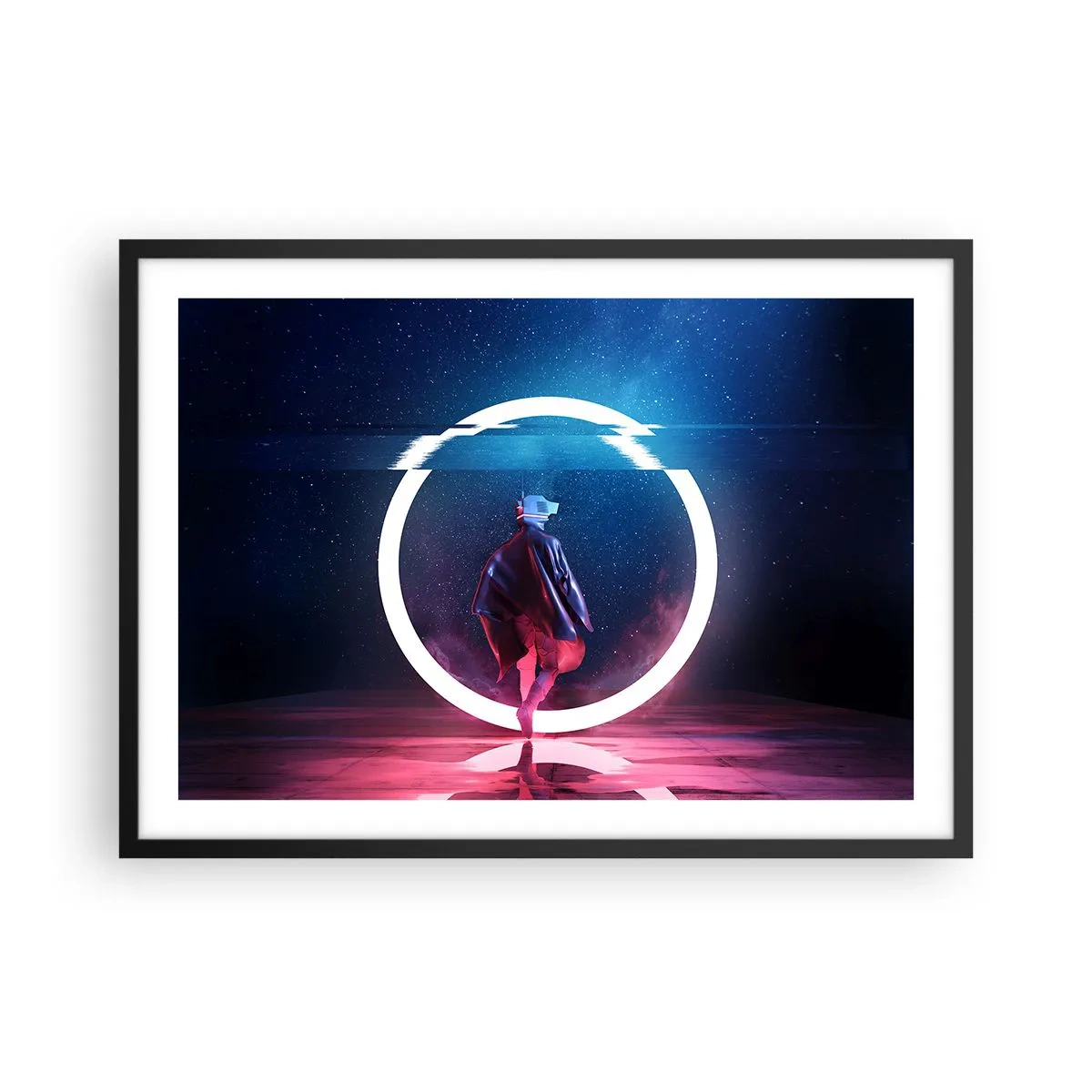 Poster in cornice nera - Un personaggio in un ambiente futuristico con un cerchio al neon - 70x50cm - Tra due mondi - Decorazione murale moderna per soggiorno e camera da letto ARTTOR