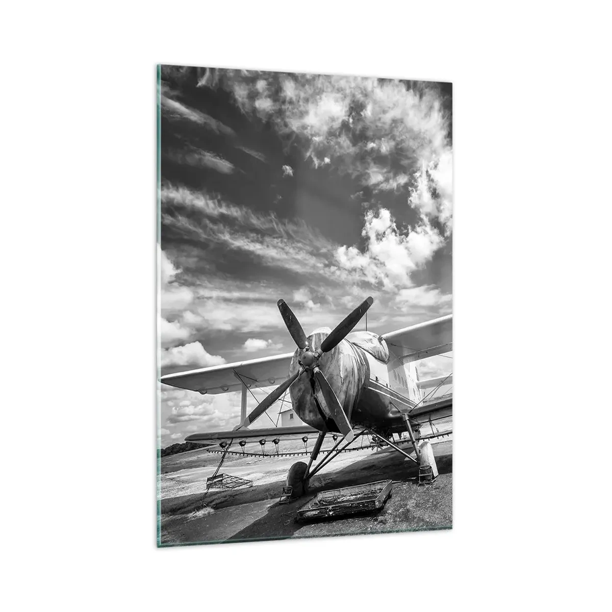Quadro su vetro - Un vecchio aereo all'aeroporto in bianco e nero - 80x120cm - Non vedo l'ora! - Decorazione murale moderna per soggiorno e camera da letto ARTTOR