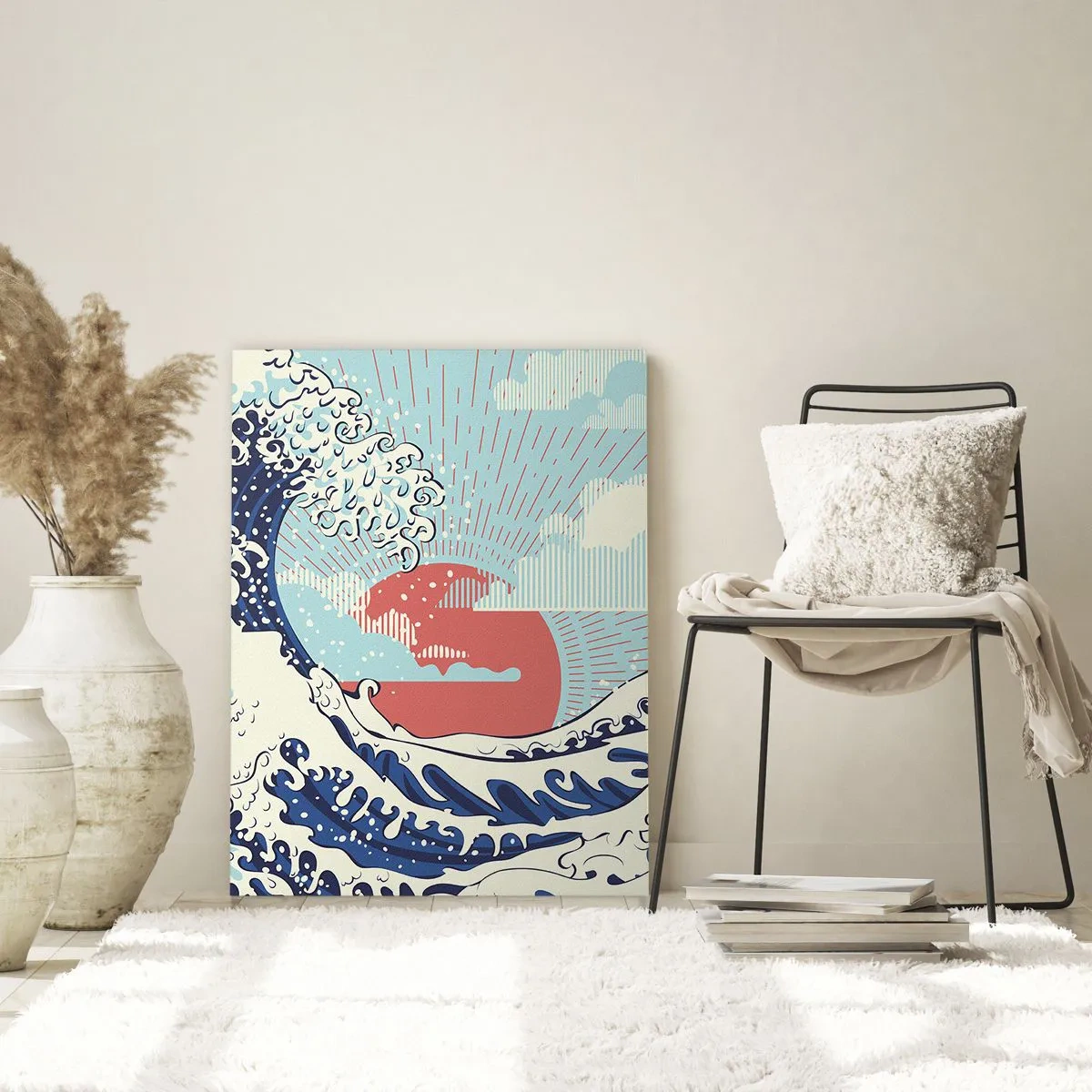 Quadro su vetro - Onde dell'oceano e un tramonto in stile giapponese - 70x100cm - Di ispirazione giapponese - Decorazione murale moderna per soggiorno e camera da letto ARTTOR