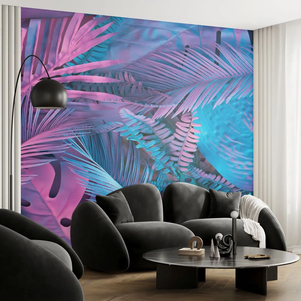 Fotomurali Autoadesivo Deluxe Sticker - Tropici in rosa e blu - Astrazione, Foglie, Pianta tropicale - 150x105 cm