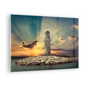 Quadro su vetro - Un faro sullo sfondo del sole al tramonto - 70x50cm - Luce - Bontà - Bellezza - Decorazione murale moderna per soggiorno e camera da letto ARTTOR