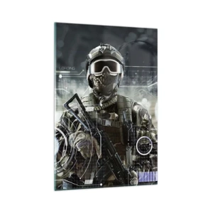 Quadro su vetro - Un soldato con un casco futuristico e una pistola sullo sfondo della tecnologia. - 80x120cm - Potenza al quadrato - Decorazione murale moderna per soggiorno e camera da letto ARTTOR