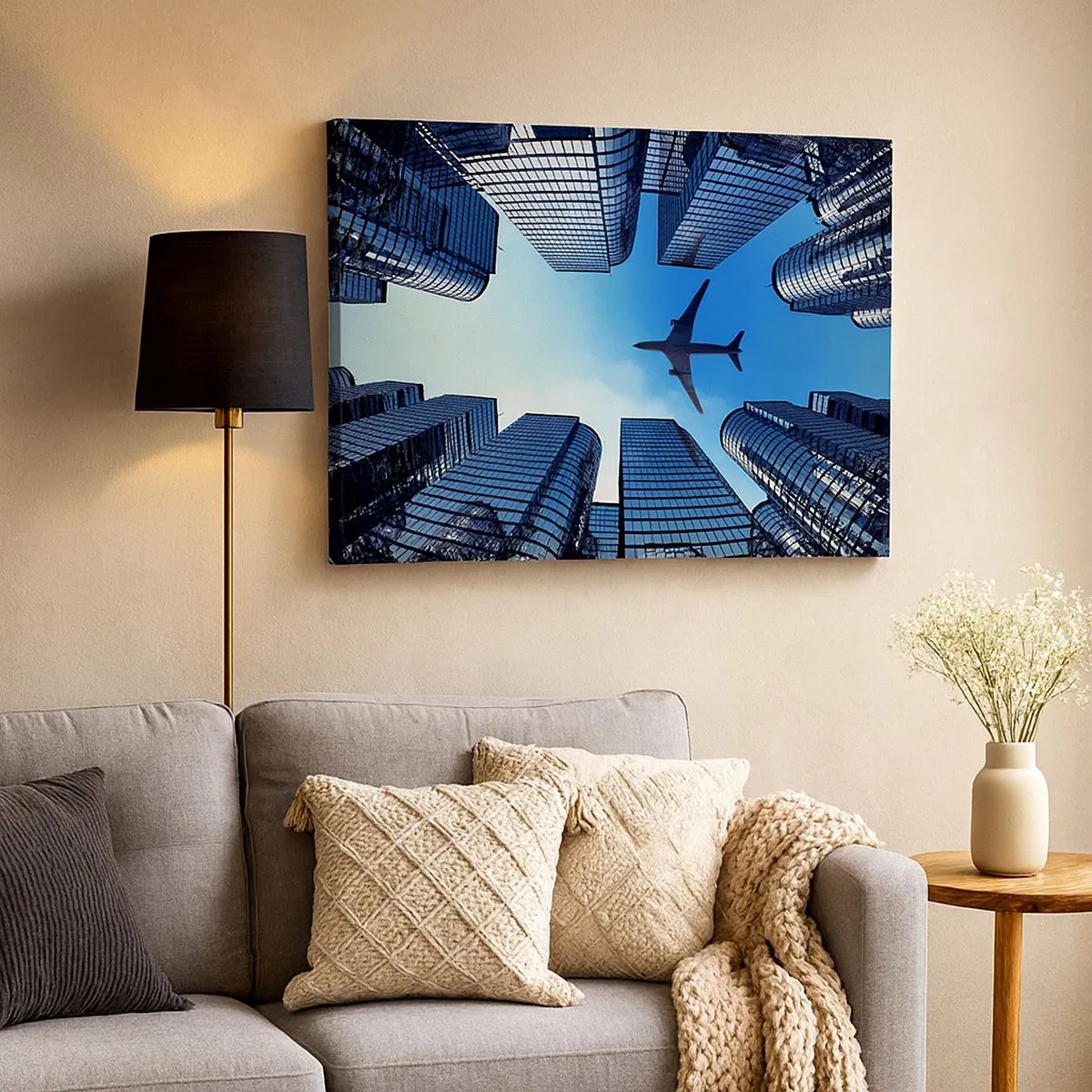 Quadro su tela - Stampe su Tela - Un aereo che sorvola i moderni grattacieli del centro città. - 70x50cm - Panorama dal canyon di vetro - Decorazione murale moderna per soggiorno e camera da letto ARTTOR