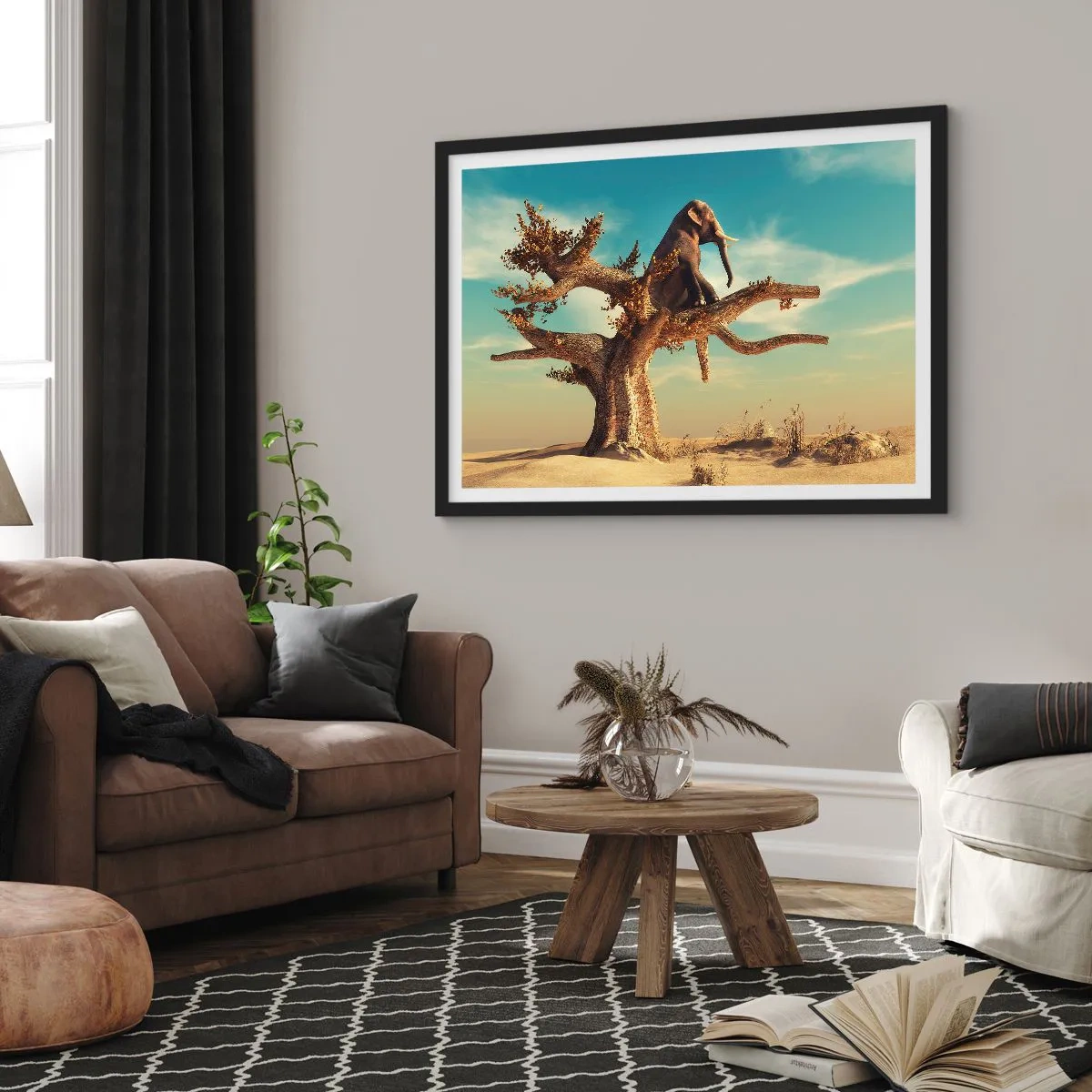 Poster in cornice nera - Un elefante seduto su un albero in un paesaggio surreale - 100x70cm - Nuovo punto di vista - Decorazione murale moderna per soggiorno e camera da letto ARTTOR